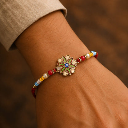 Rakhi for Brother Golden Meenakari Evil Eye with Beads (10pcs)