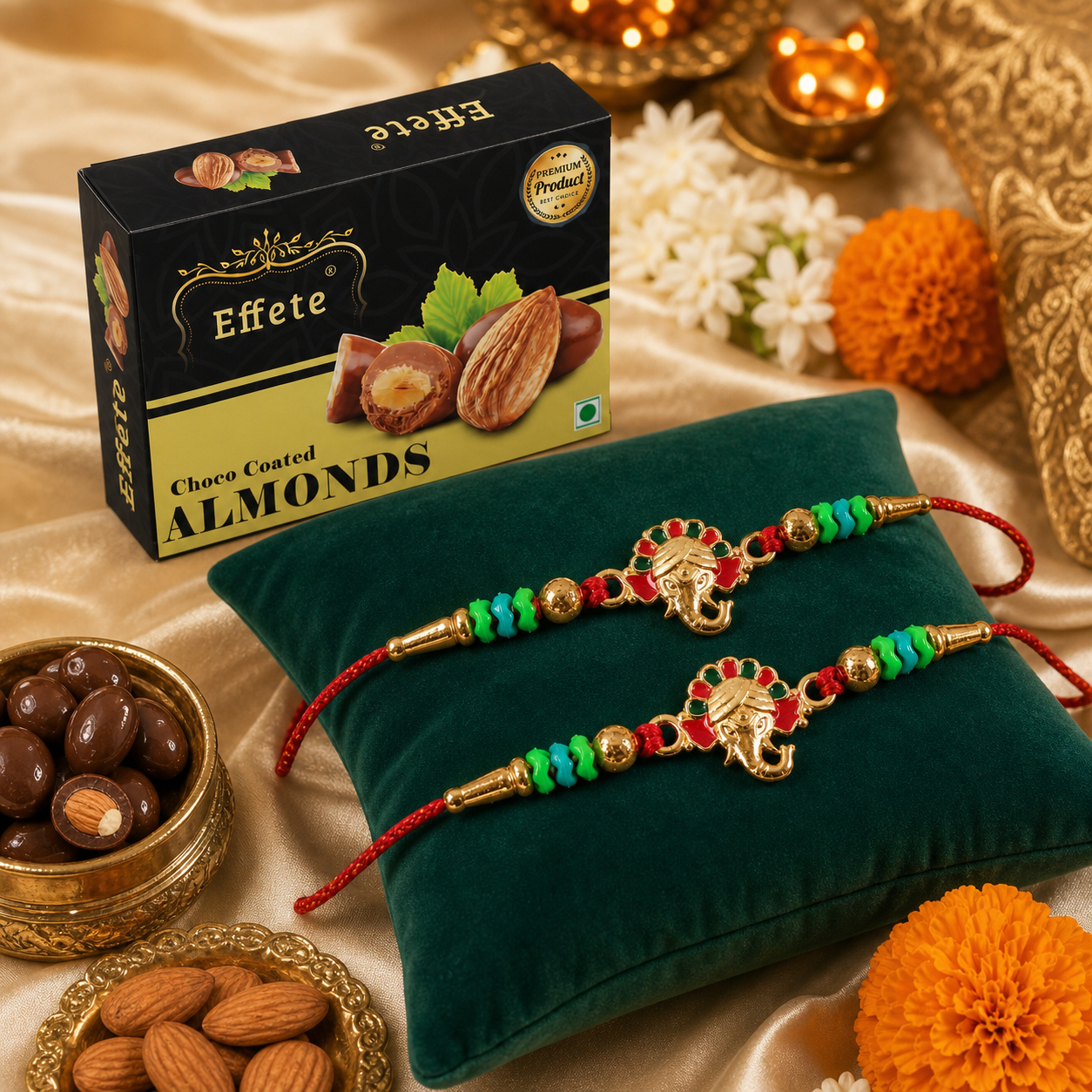 Lord Ganesha Multicolour Bead Rakhi with Chocolate Almonds, Pack of 2