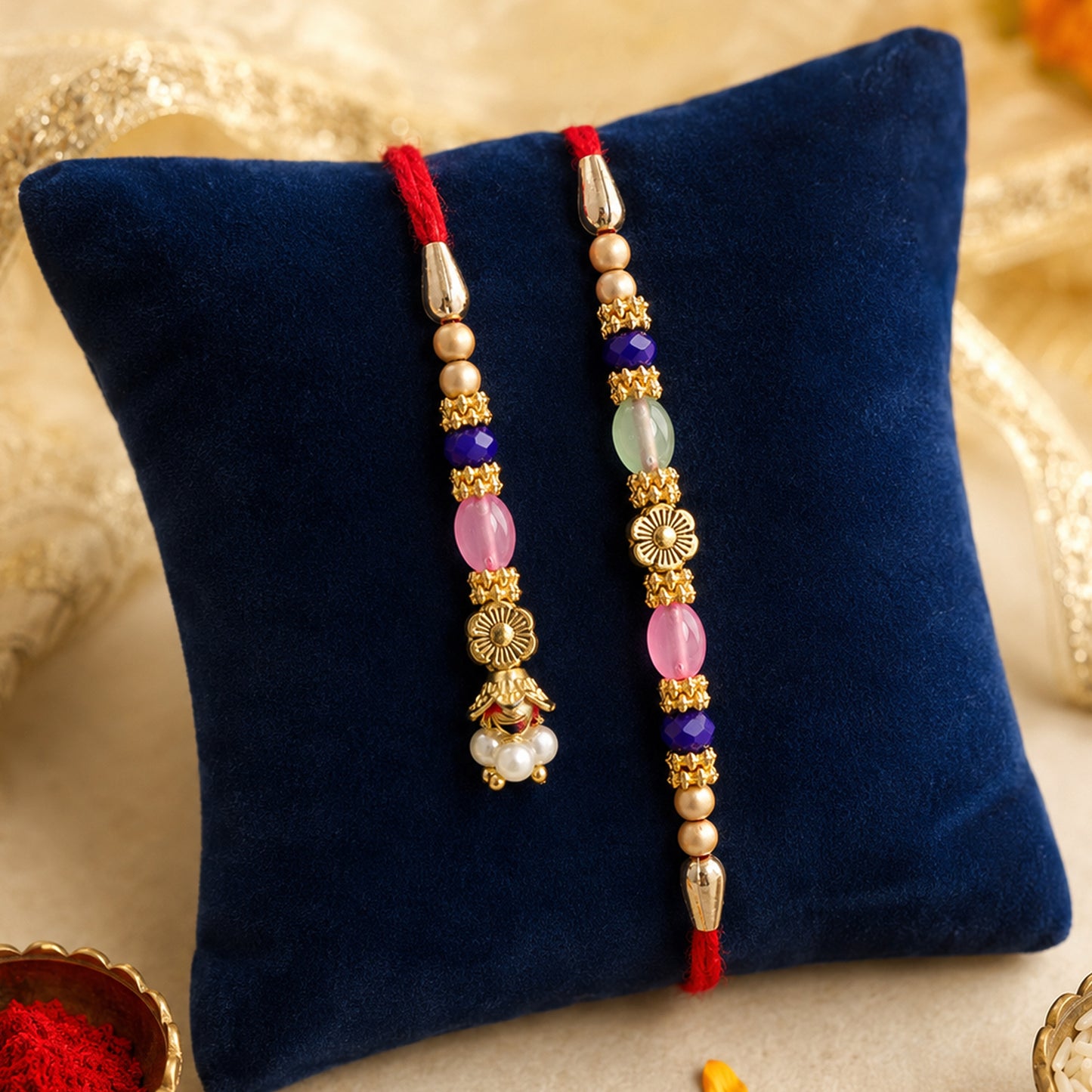 Graceful Floral Cluster Bhai Bhabhi Rakhi with Flower and Pearl Drop for Gifting