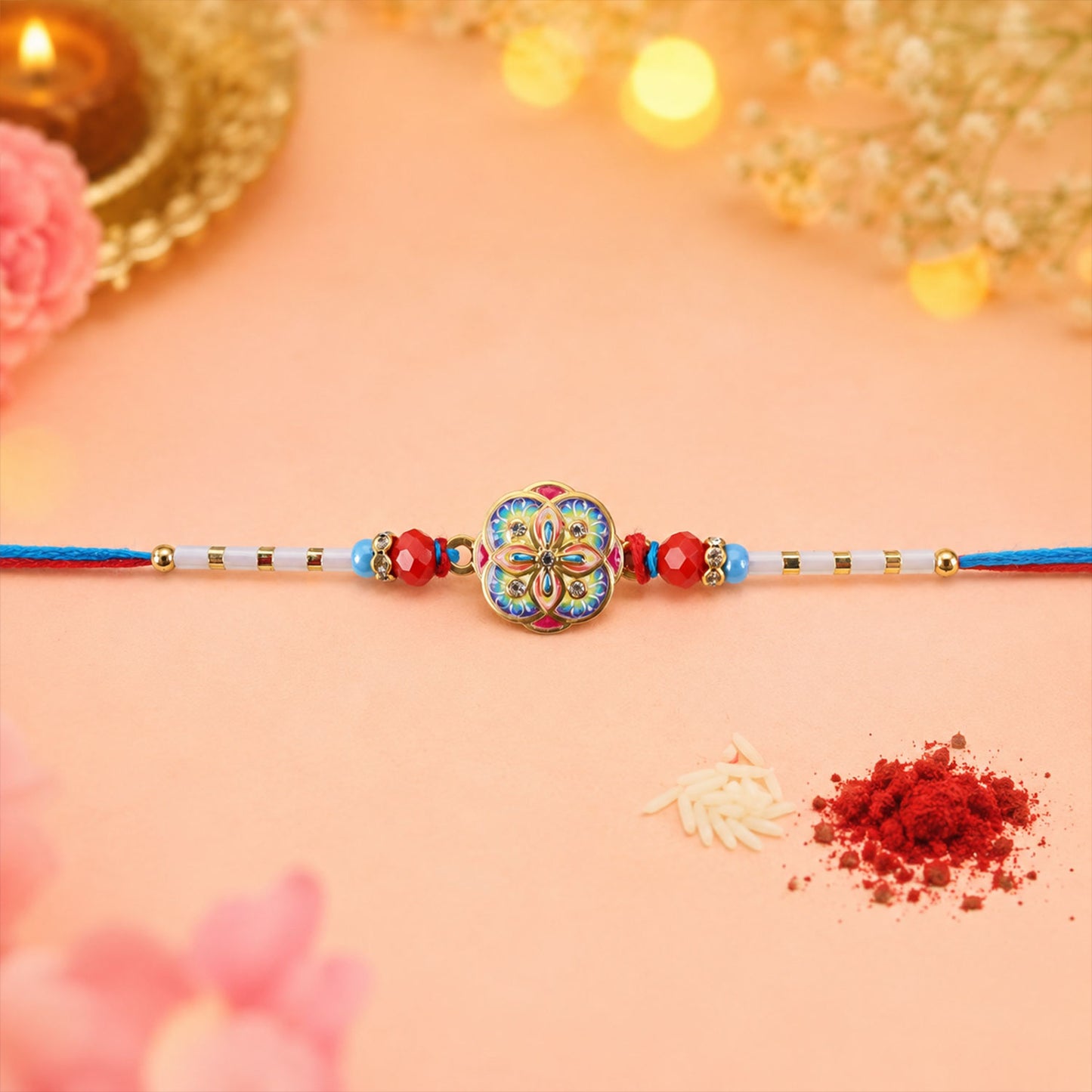 Colorful Kundan Round Rakhi with Red Beads and Blue Thread Edges