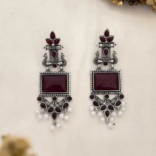 Traditional Oxidized Silver Maroon Stone Pearl Drop Earrings