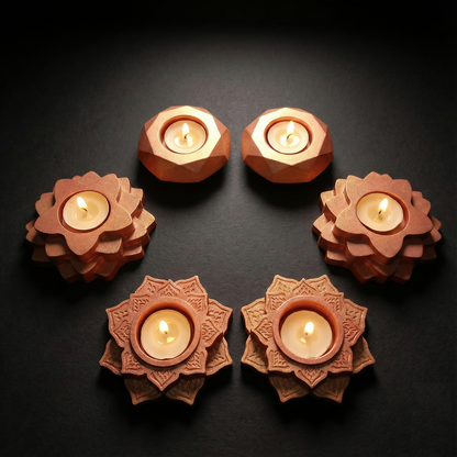 Lotus ,4-Step Diamond shaped combo gypsum articles – Multi-Purpose Diya, Dhoop Cone Stand & Mini Planter (Pack of 6 - Rose Gold, Metallic Pink)