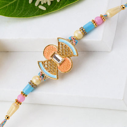 Fan Petal Kundan Pendant Rakhi with Pastel Beads
