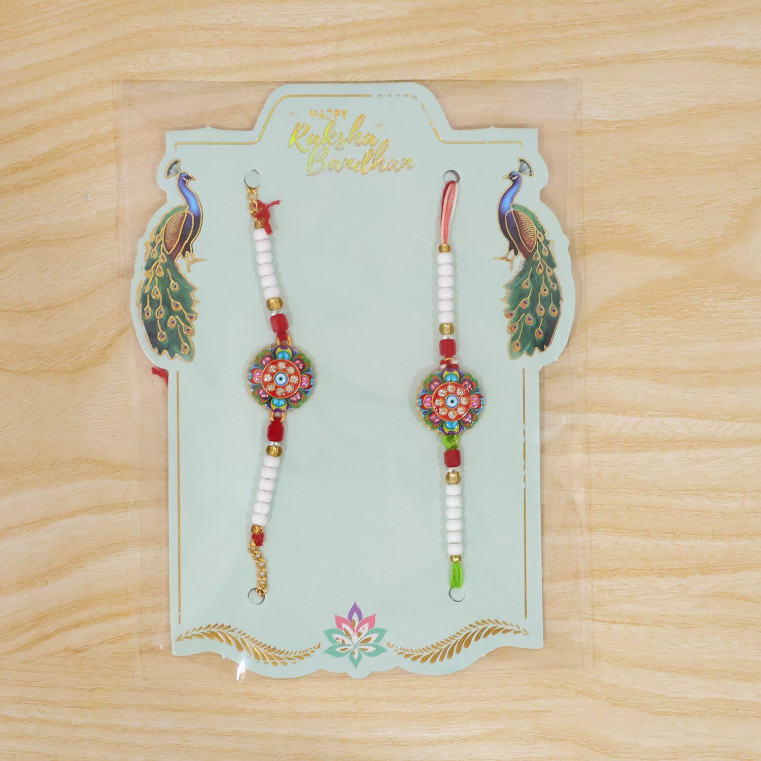 Round Floral Evil Eye Crystal Pearl Beads Bhai Bhabhi Rakhi Set