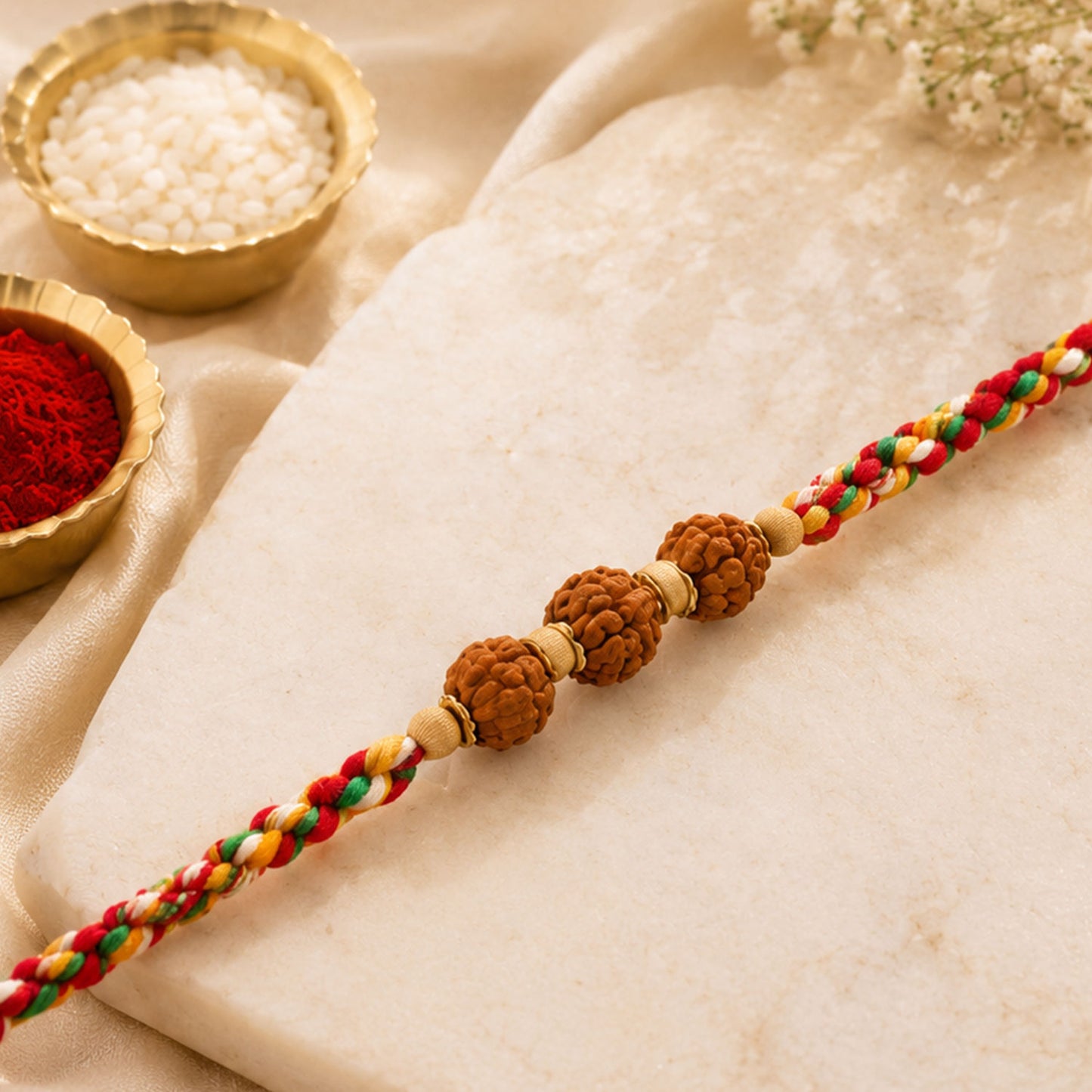Rudraksha Style Devotional Rakhi with Braided Red Green Yellow Thread and Wooden Beads