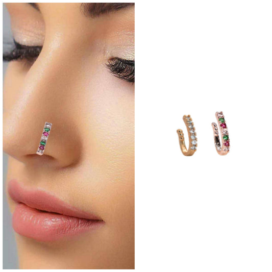 Non-Piercing CZ Nose Clip Set - Flower & Pave Hoop Combo Pack of 2