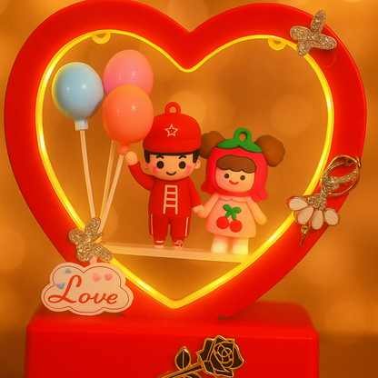 Romantic Heart-Shaped Red LED Couple Showpiece with Balloons and Love Message | Cute Cartoon Figurine Decorative Lamp for Bedroom, Anniversary, Valentine, and Home Decor Gift