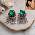Oxidised Silver Peacock Earrings with Green and Red Stones for Women Ethnic Wear