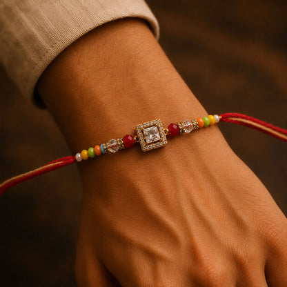 Multicolour Crystal Square Solitaire AD Stone Designer Rakhi for Brother