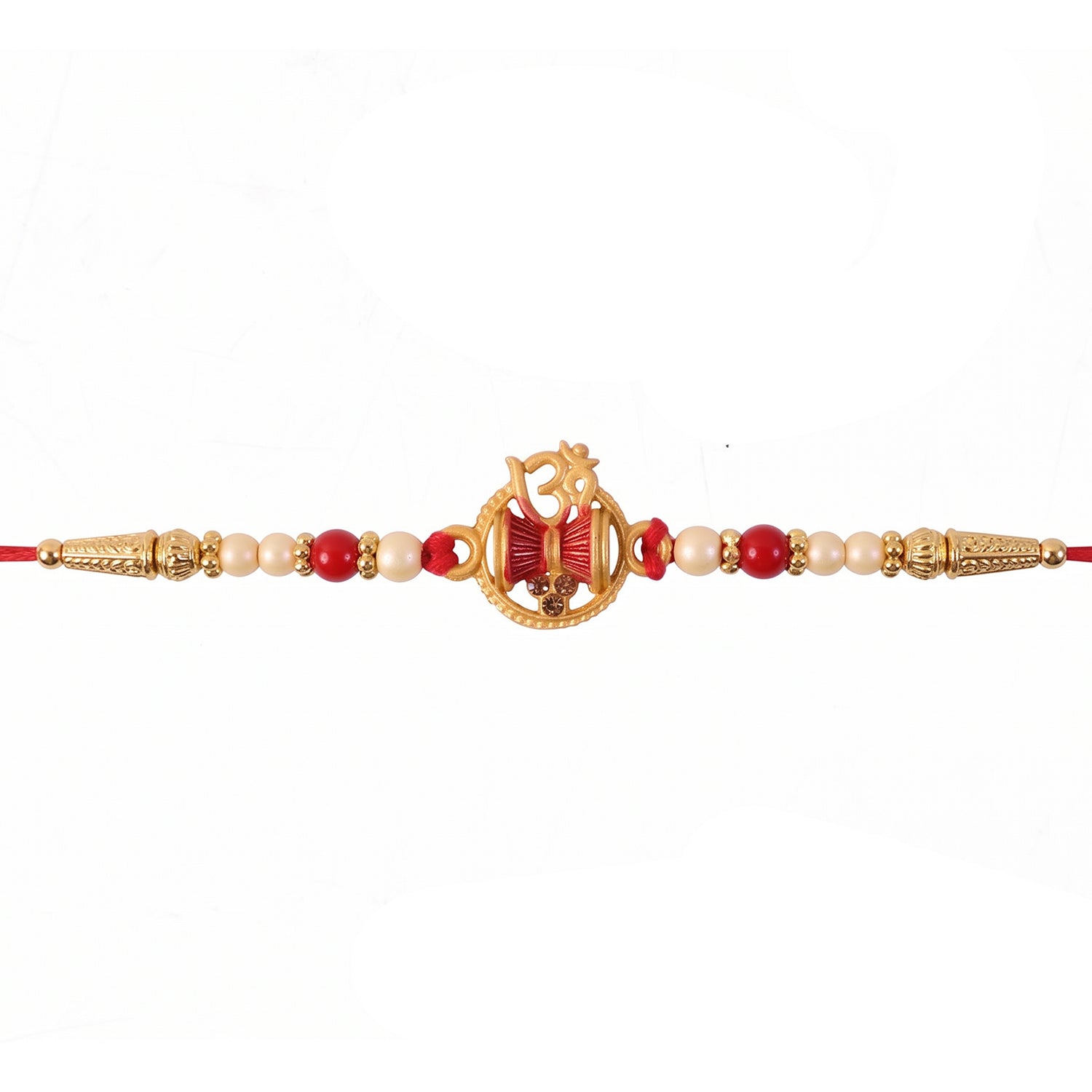 Golden Damru Om Rakhi for Boys with Red and White Beads