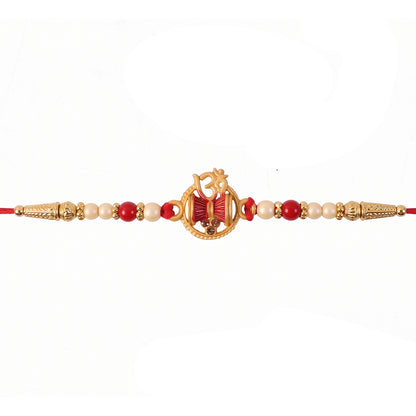 Golden Damru Om Rakhi for Boys with Red and White Beads