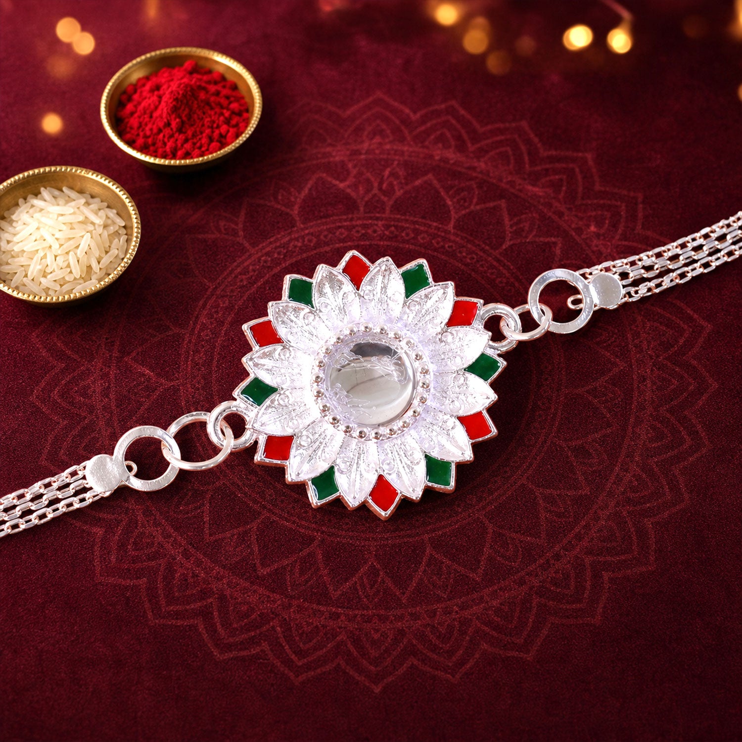 Silver Lotus Mandala Floral Enamel Crystal Stone Chain Rakhi