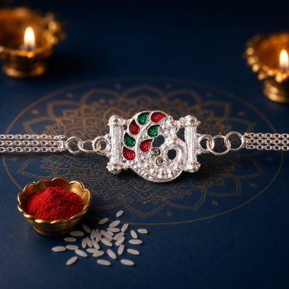 Silver Mor Peacock Meenakari Enamel Crystal Chain Rakhi