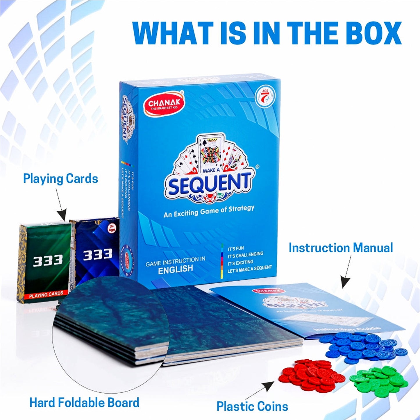 Sequent Strategy Board Game - Playing Cards & Colour Coins for Family