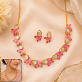 Pink Floral Necklace – Gold-Plated with White Stones & Earring Set