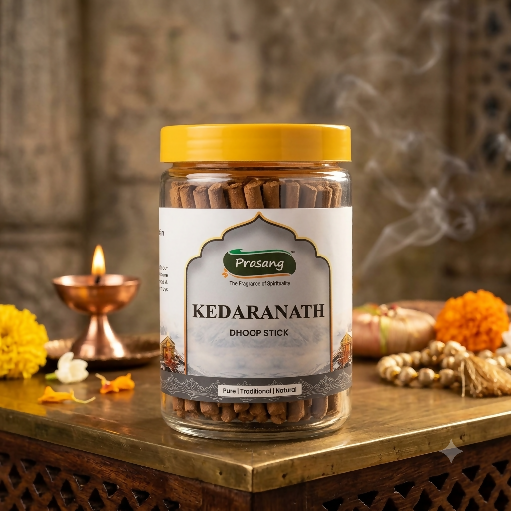 A clear jar of brown dhoop sticks with a yellow lid, surrounded by lit lamps and marigold flowers.