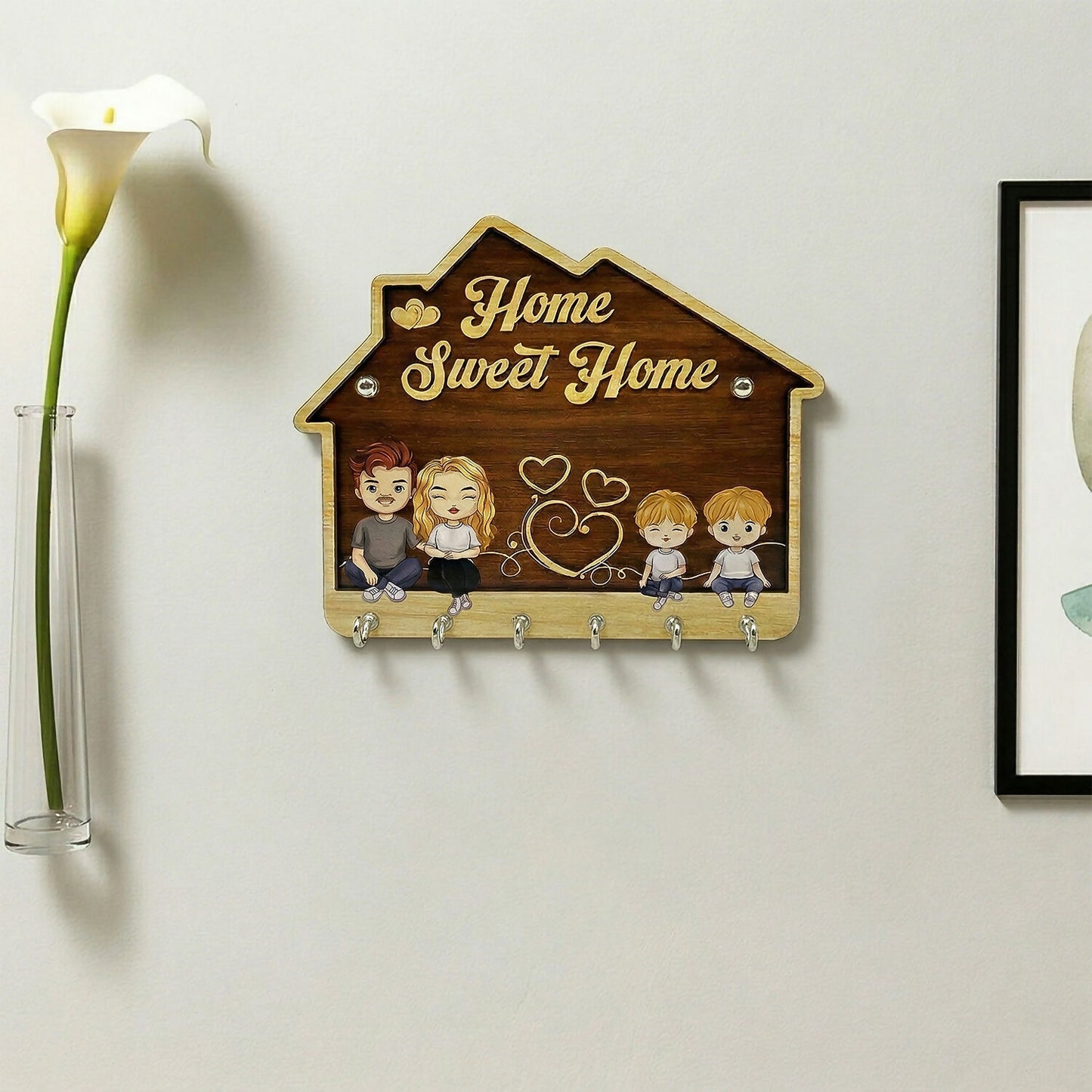 Home Sweet Home Wooden Key Holder with 5 Hooks Decorative Wall Key Stand for Home