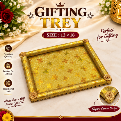 The golden tray is displayed on a white fabric, emphasizing its elegant corner design with a detailed close-up inset.