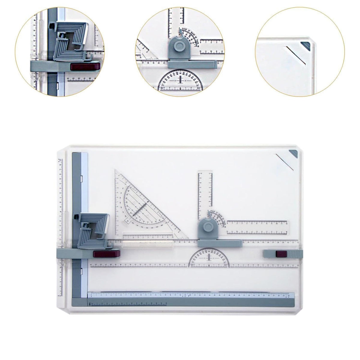 Drafting accessories including parallel ruler and set square on a white drawing board.