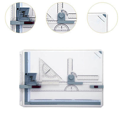Drafting accessories including parallel ruler and set square on a white drawing board.