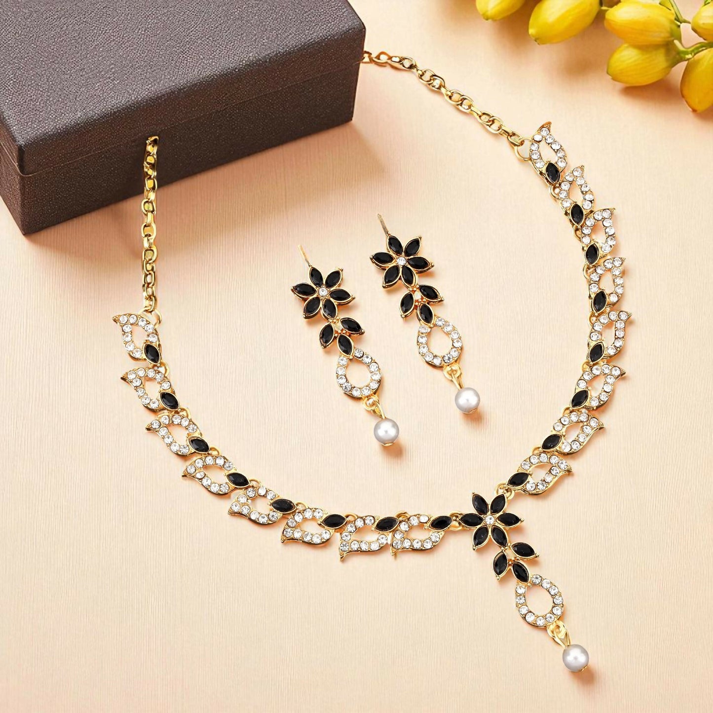 Elegant Black & White Crystal Flower Necklace Set with Pearl Drop