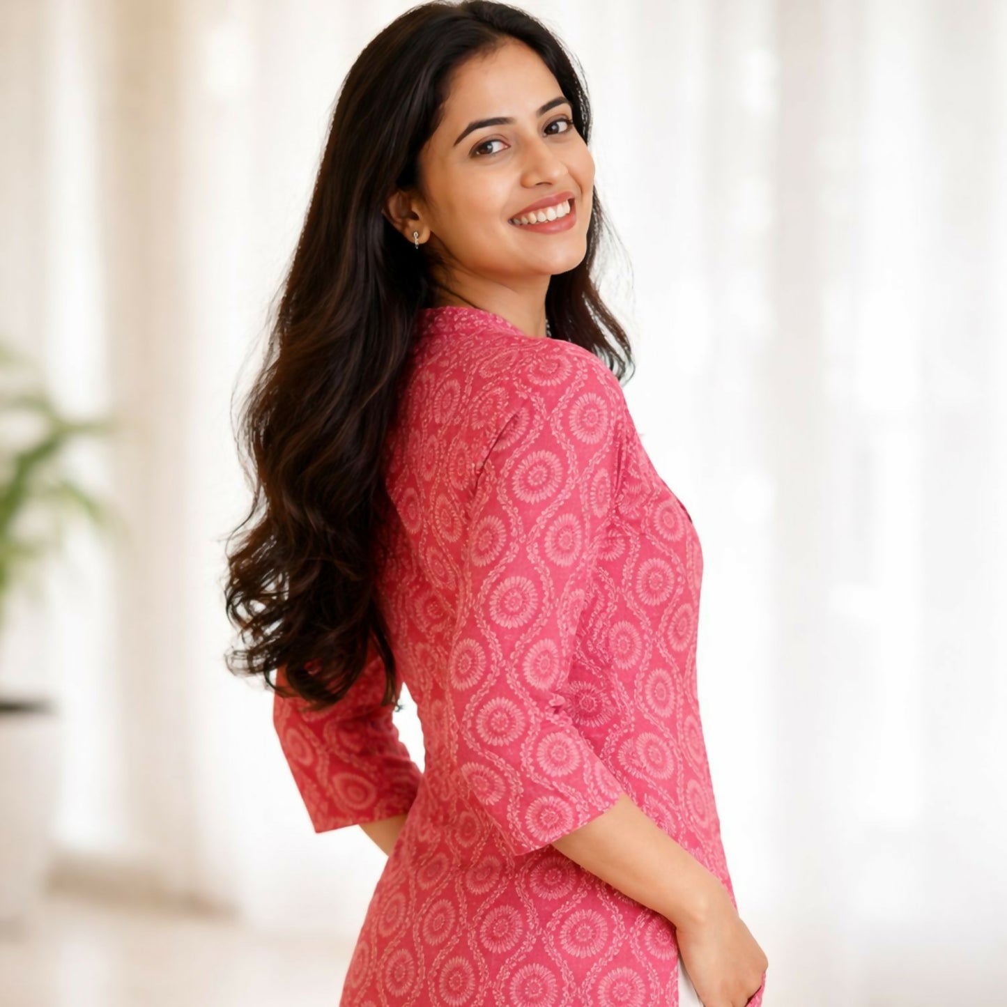 Back view of pink cotton printed short kurti perfect for casual wear
