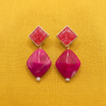Pink Resin Geometric Dangle Earrings with Square Stud Design for Women and Girls