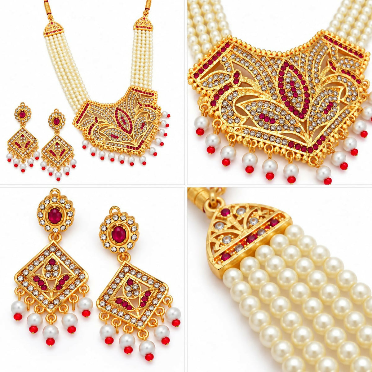 A four-panel grid shows close-ups of the gold and pearl necklace set, highlighting the intricate ruby and pearl details.