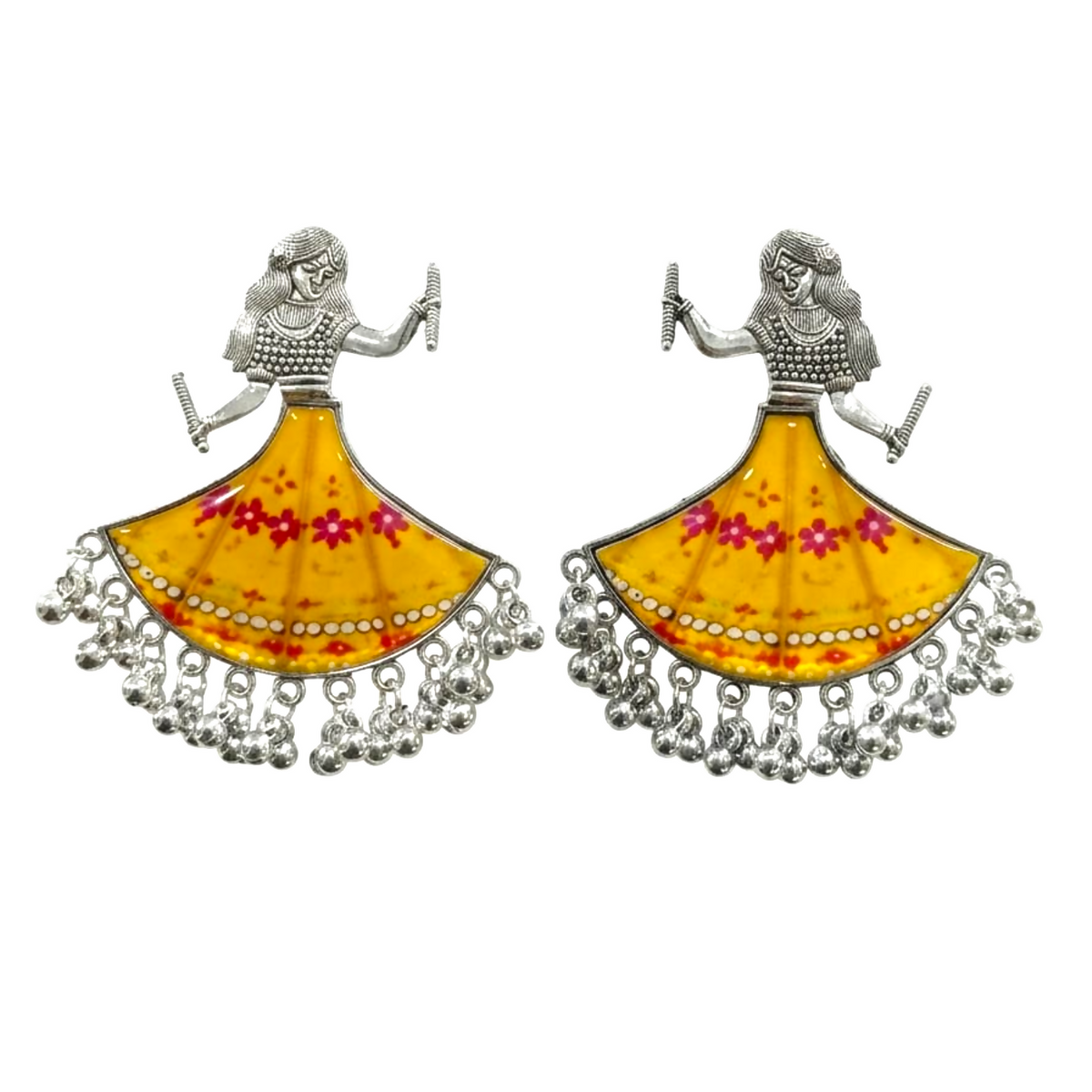 A pair of silver-toned Dandiya girl earrings with vibrant yellow skirts featuring red floral patterns on a white background.