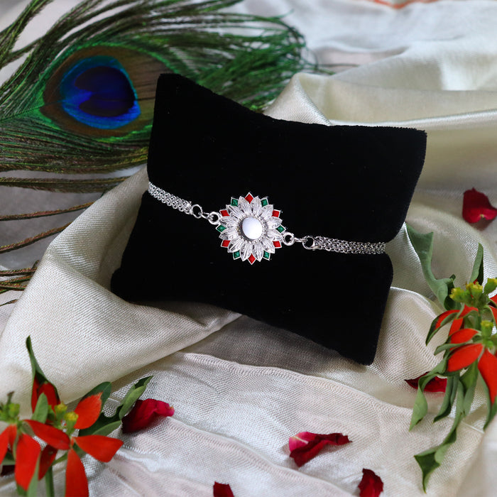 Sunflower Shape With Red & Green Mina Bracelet With Effete Choco Almond Chocolate 32Gm ,Silver Color Pooja Coin, Roli Chawal & Greeting Card
