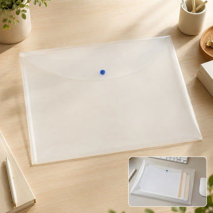 Close-up of snap button on clear document folder
