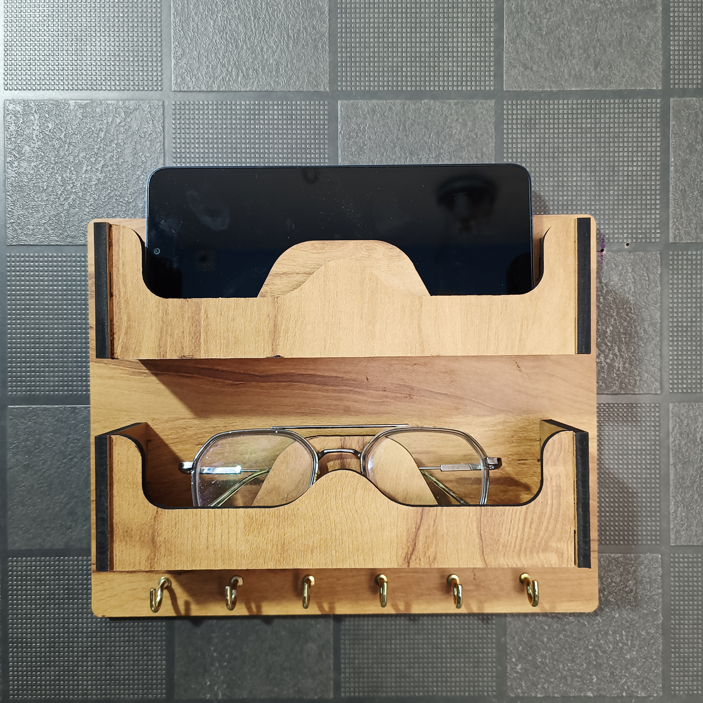 Double Layer Wooden Wall Mounted Organizer with Glasses Shelf and Key Hooks