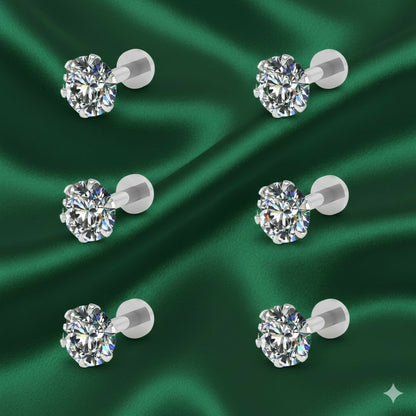 Close-up of silver plated round cubic zirconia stud earrings showing sparkly CZ stone