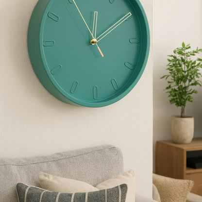 Modern Teal Wall Clock with Silent Sweep Movement – Round Decorative Wall Clock with Golden Hands, Stylish Minimalist Design, Battery Operated, Perfect for Home & Office Wall Décor (12 Inch)