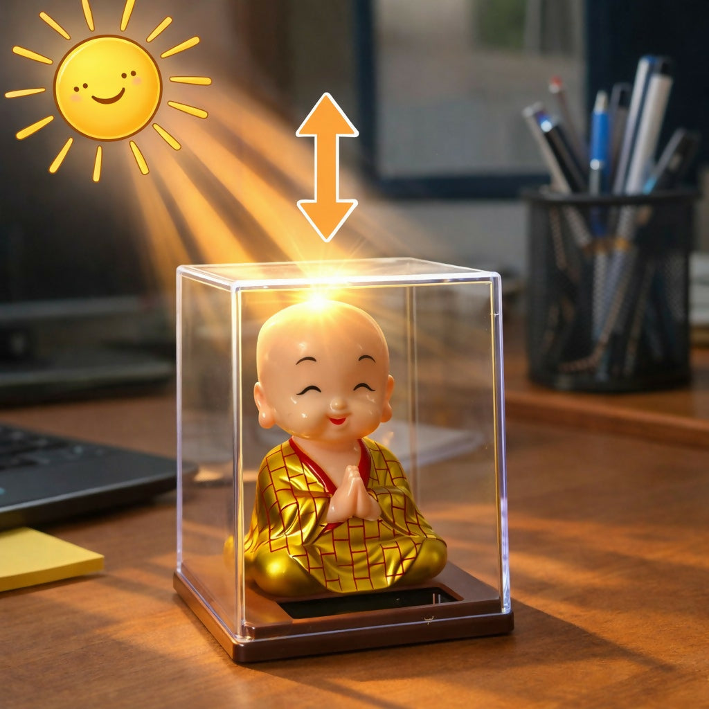 Solar Powered Monk Bobble Head with Moving Head Display Case (Color may vary)
