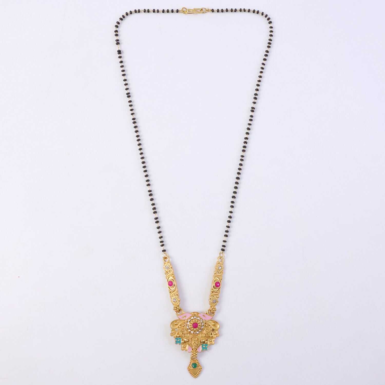 Antique Finish Meenakari Floral Fan Pendant Short Single Strand Mangalsutra