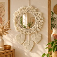 Macrame Mirror Wall Hanging with Leaf Tassels for Boho Home Decor