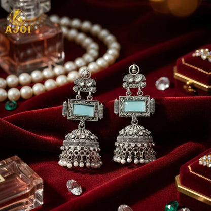 Heritage Royal Oxidized Silver Jhumka Earrings with Aqua Stone Earring