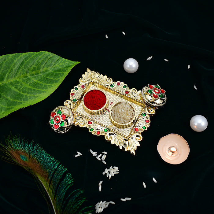 Om Rakhi With Oval Shape With Square Pooja Thali Set ,Silver Color Pooja Coin, Roli Chawal & Greeting Card