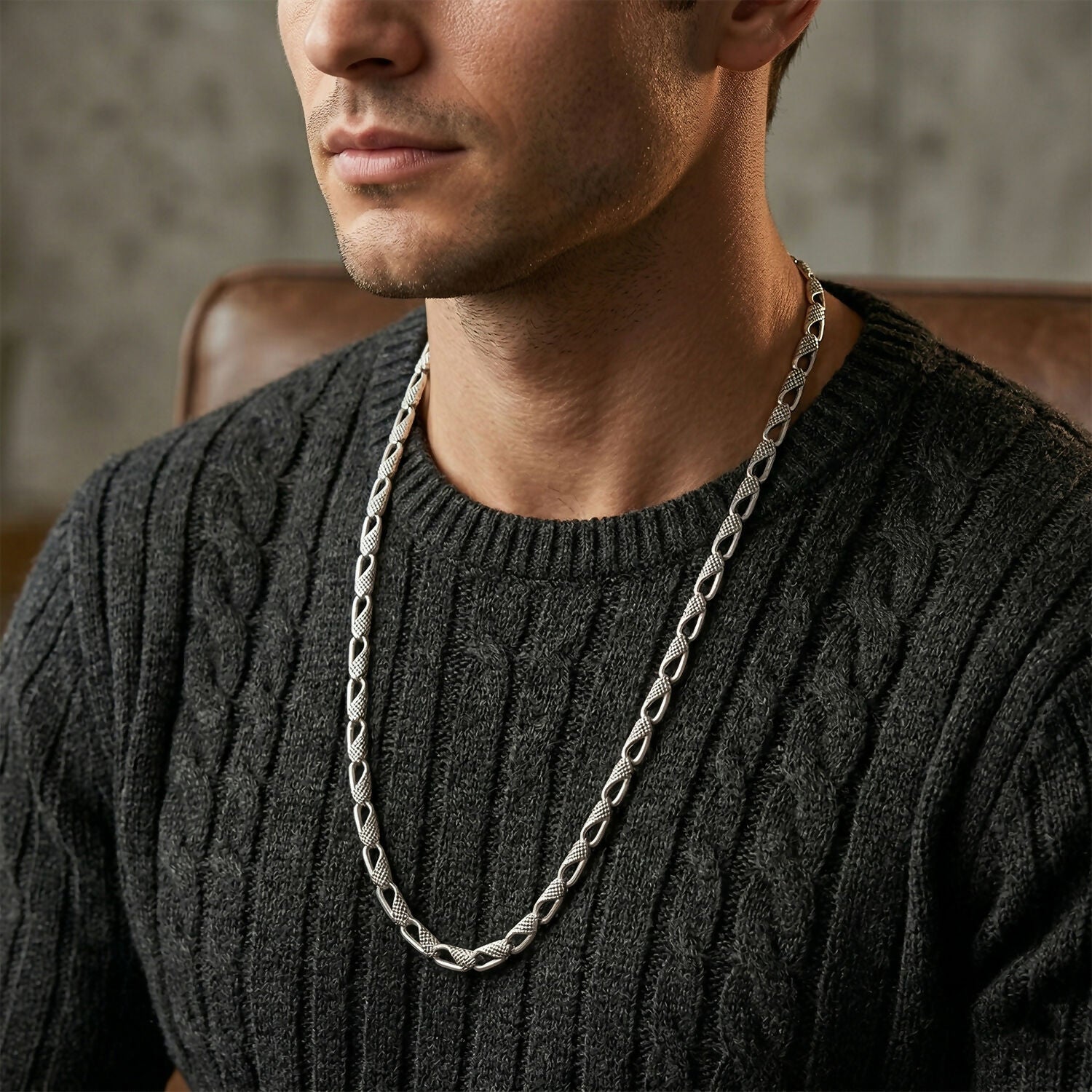 Men wearing elegant silver tone textured chain necklace
