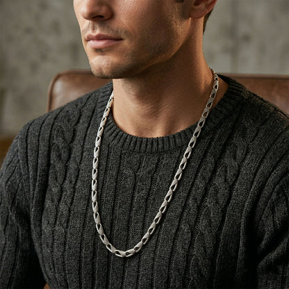Men wearing elegant silver tone textured chain necklace
