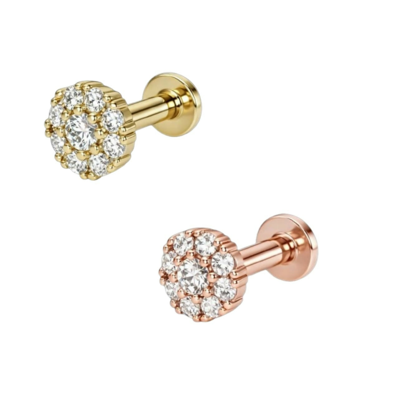 Close-up of rose gold and yellow gold plated diamond flower cluster nosepin stud set