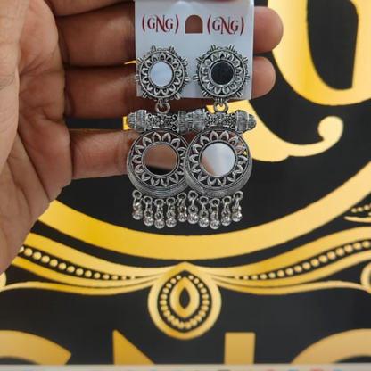 Oxidised Mirror Work Drop Jhumka Earings