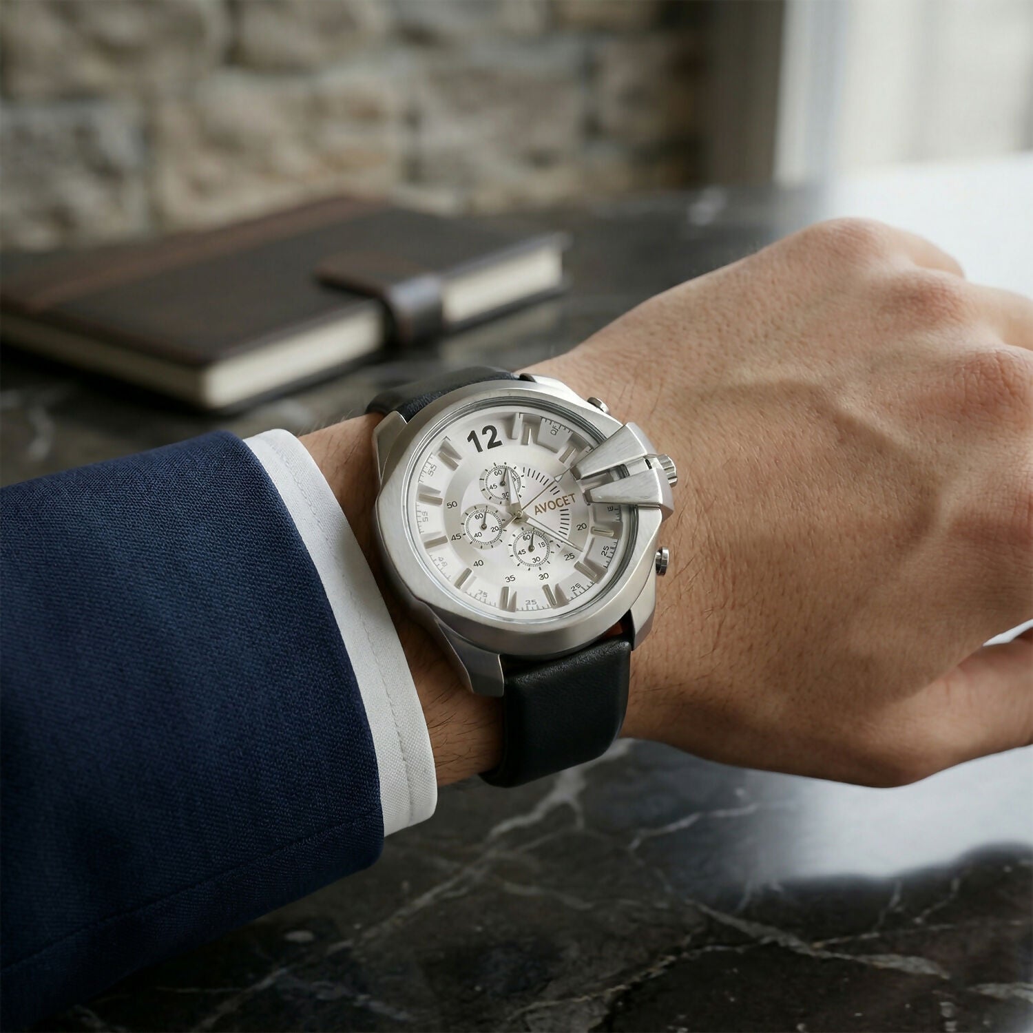 Premium Silver Chronograph Style Analog Wrist Watch with Black Strap for Men