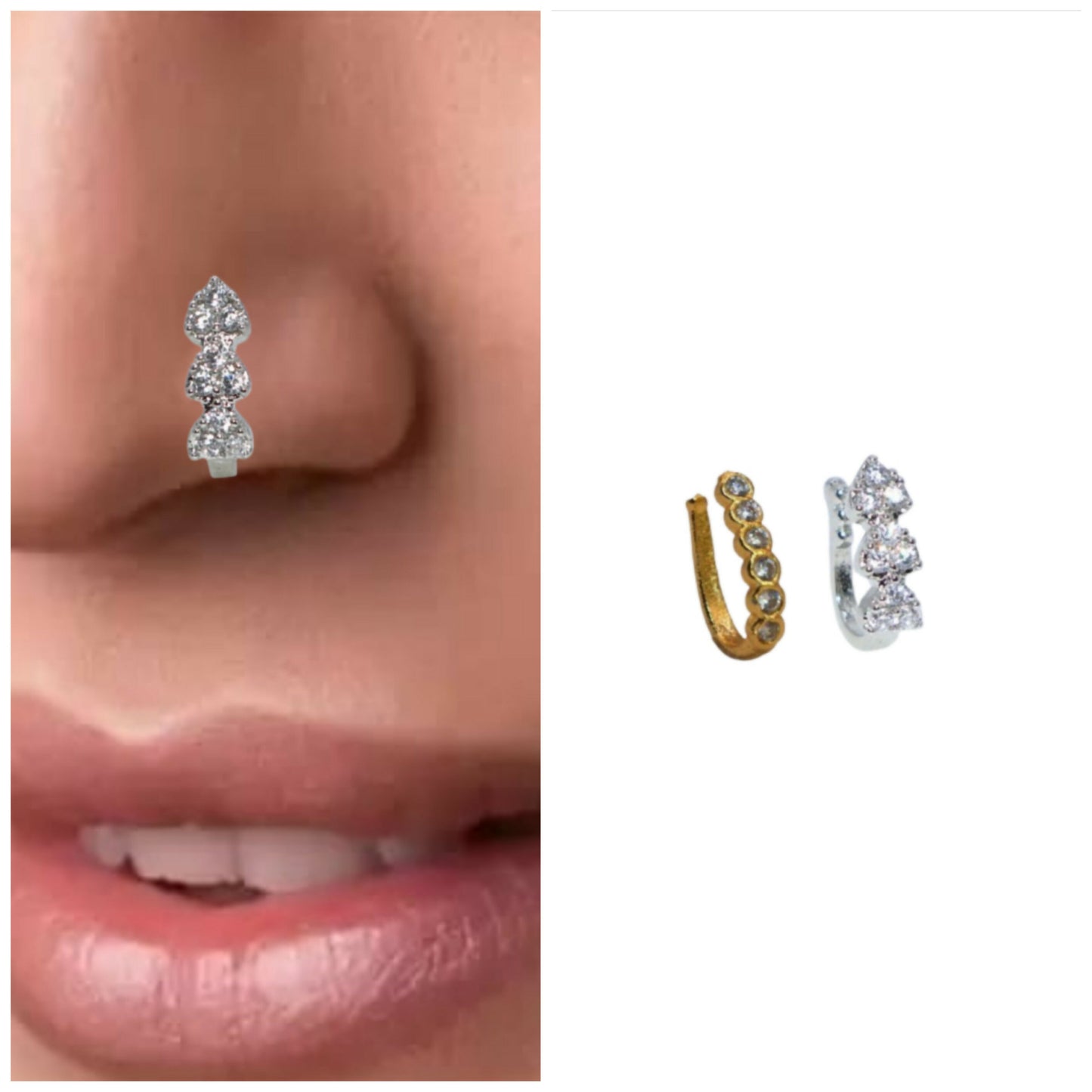 Set of two non-piercing CZ diamond nose clips showcasing silver and gold styles