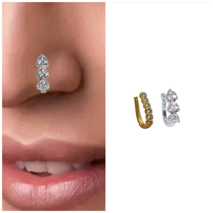 Set of two non-piercing CZ diamond nose clips showcasing silver and gold styles