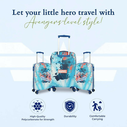 Side view of kids trolley bag showing spinner wheels and vibrant design