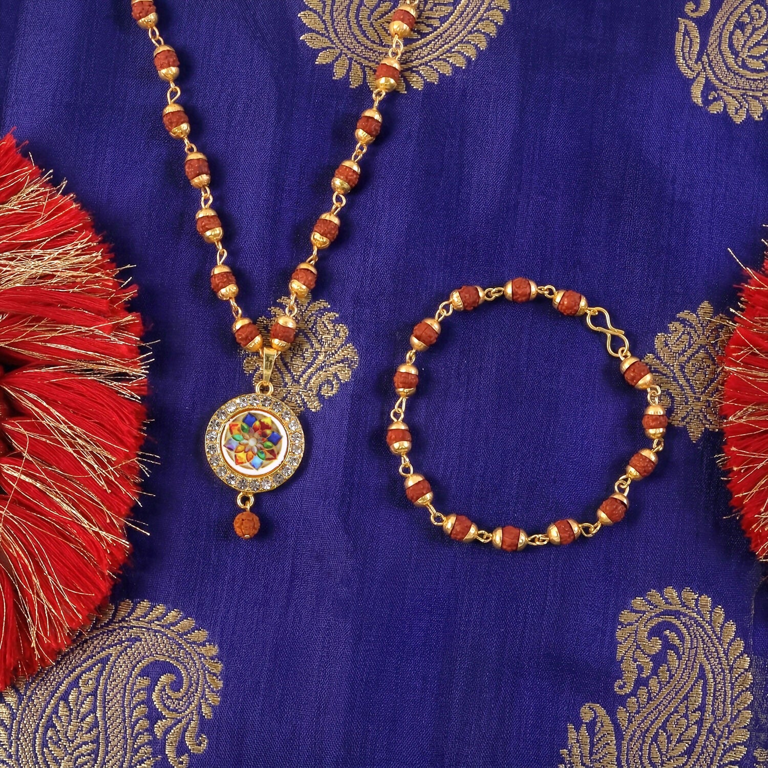 Traditional Beaded Rudraksha Necklace & Bracelet Set with Pendant