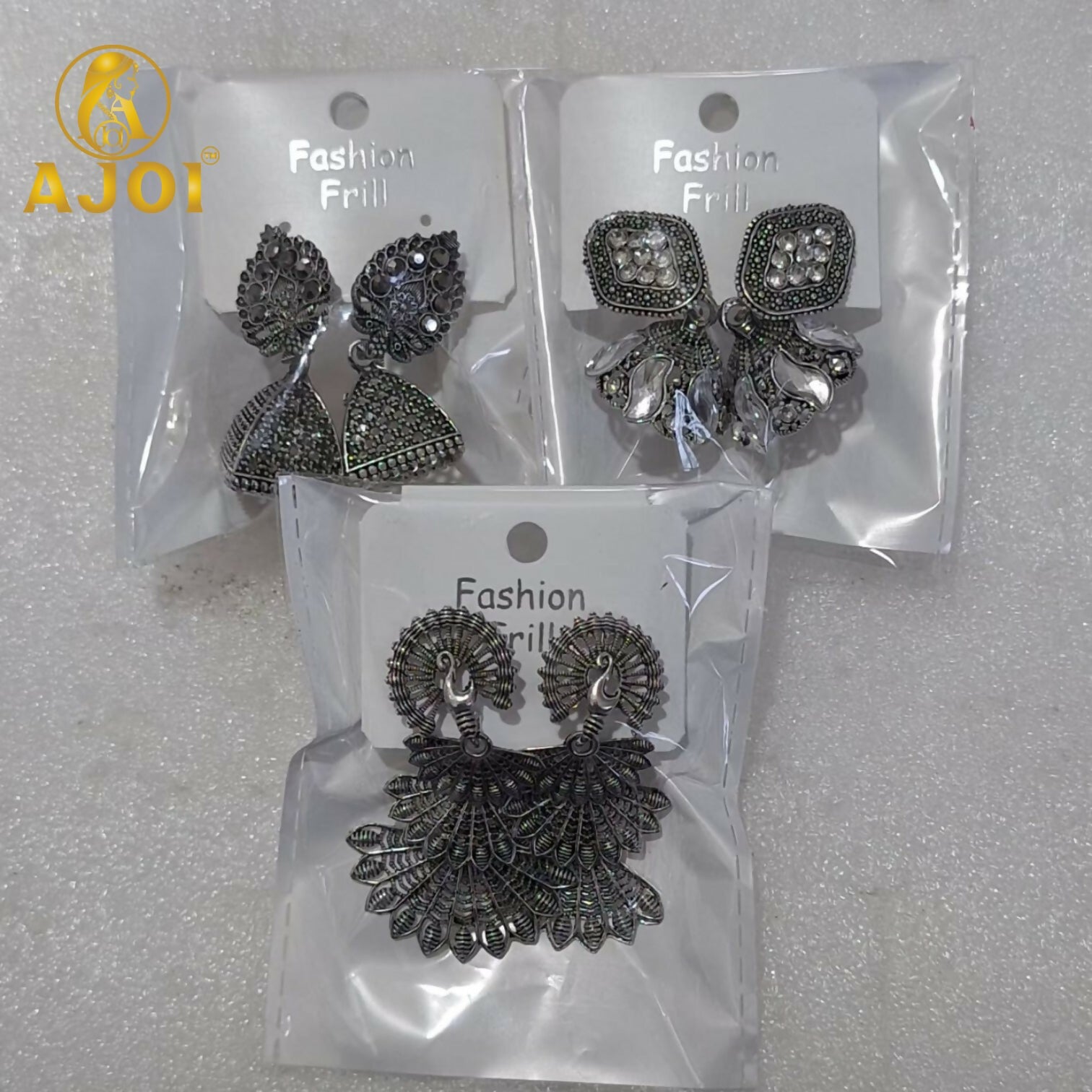 Oxidized Silver Earrings with Jhumka and Peacock Set of 3