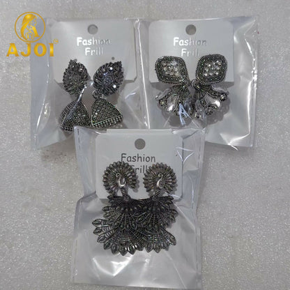 Oxidized Silver Earrings with Jhumka and Peacock Set of 3